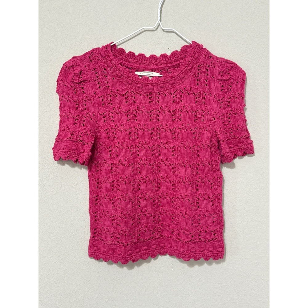 Anthropologie Pink Pointelle Short Sleeve‎ Scalloped Sweater XS Cottagecore